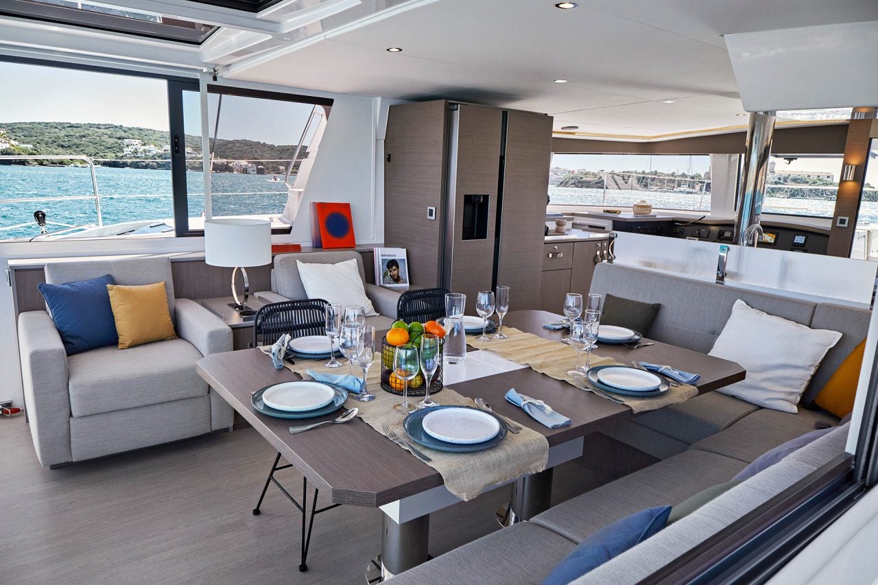 Bali 4.8 catamaran sailboat salon dining interior