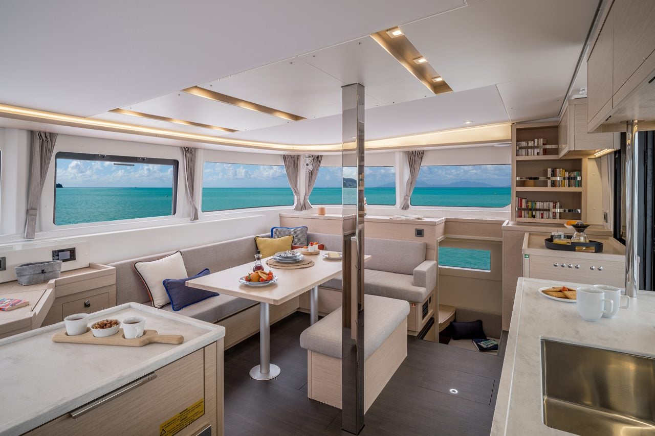 Kitchen interior with windows of Lagoon 46 yacht