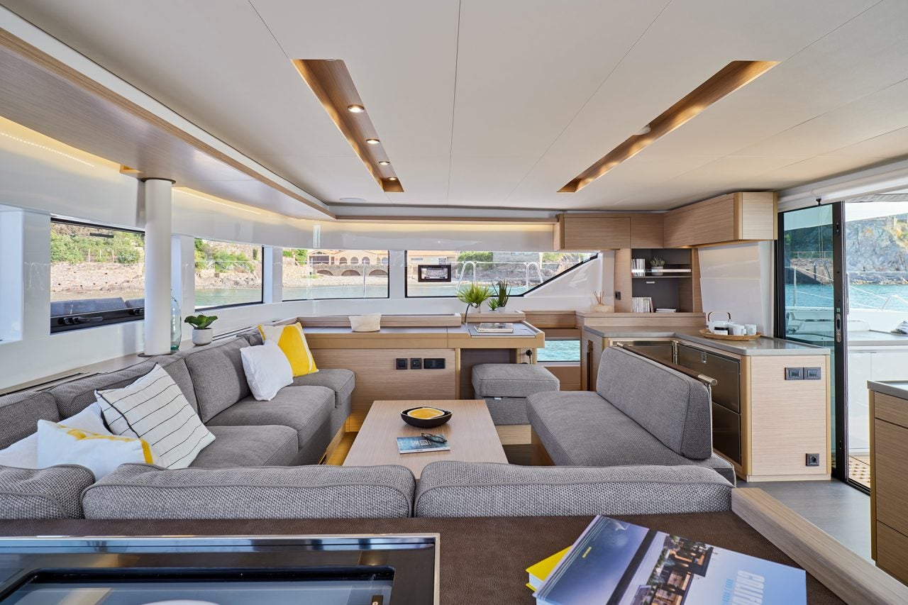 Dining area of luxury Lagoon 51 catamaran sailboat