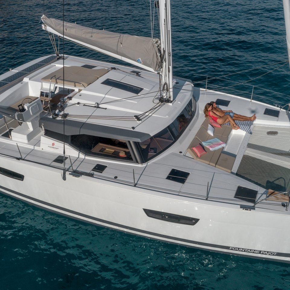 Top view of the Fountaine Pajot Astrea 42 sailing catamaran at anchor