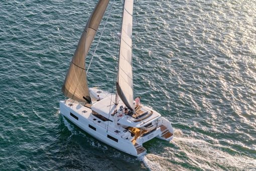 Aerial view of the Lagoon 46 catamaran under sail