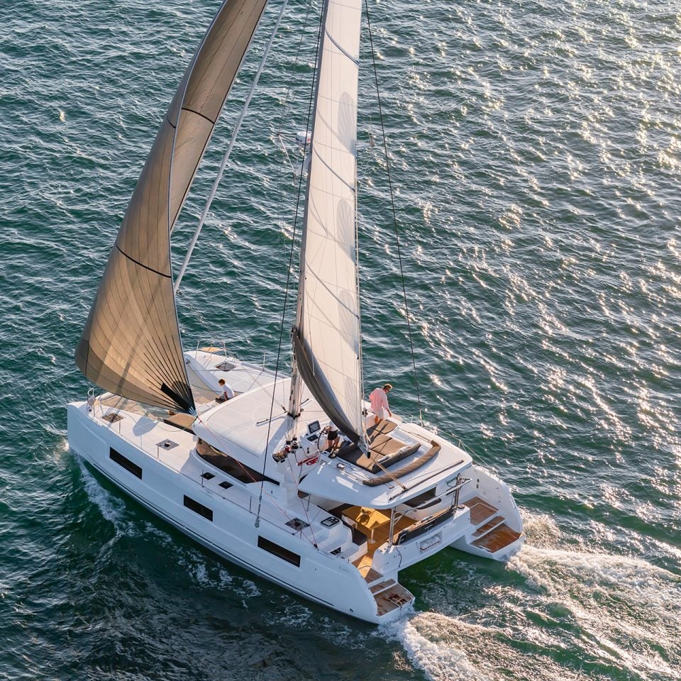 Aerial view of the Lagoon 46 catamaran under sail