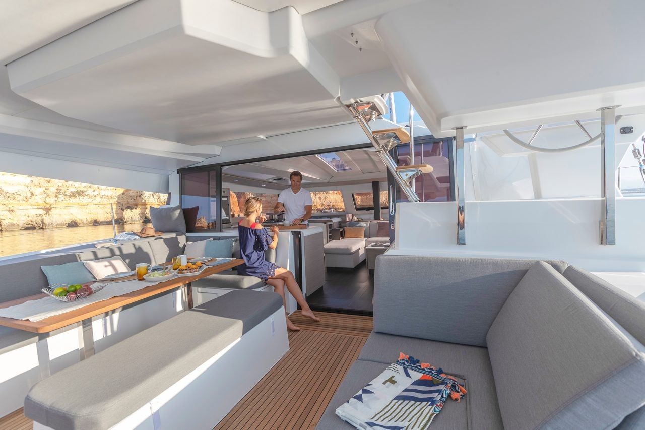 Elba 45 sailing catamaran cockpit with table and cushioned seating