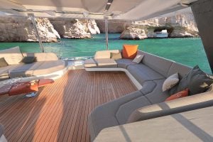 Expansive luxury flybridge lounge on the Fountaine Pajot Thira 80 catamaran