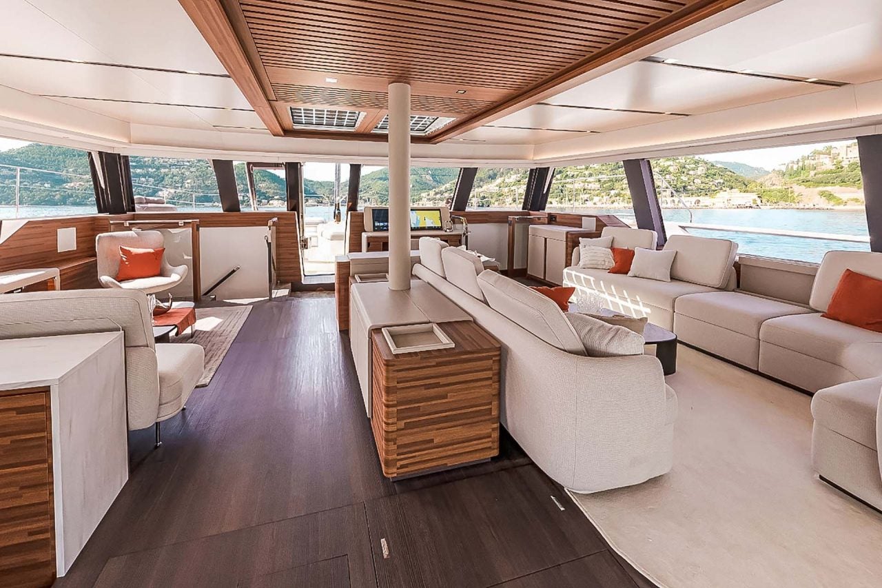 Expansive luxury interior on the Thira 80 catamaran