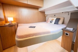 Cabin with double bed and light wood finished on the Bali 4.6 yacht