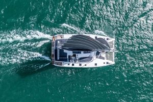 Aerial view of Fountaine Pajot  67 catamaran sailing