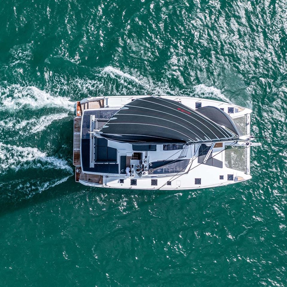 Aerial view of Fountaine Pajot Aura 51 catamaran sailing