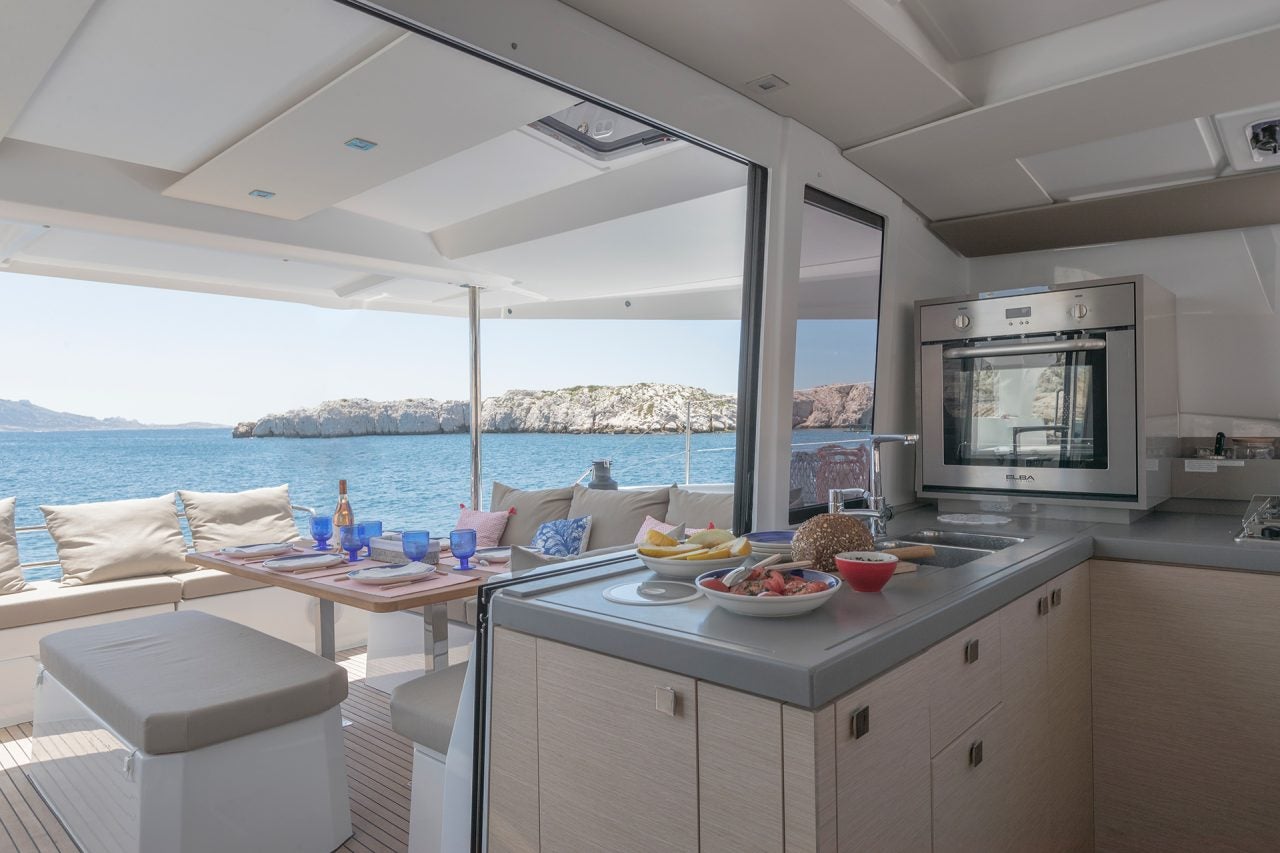 View from saloon to outdoor cockpit on the Astrea 42 catamaran