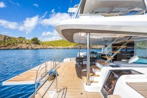 Side view of luxury outdoor living area on the Lagoon 60 catamaran