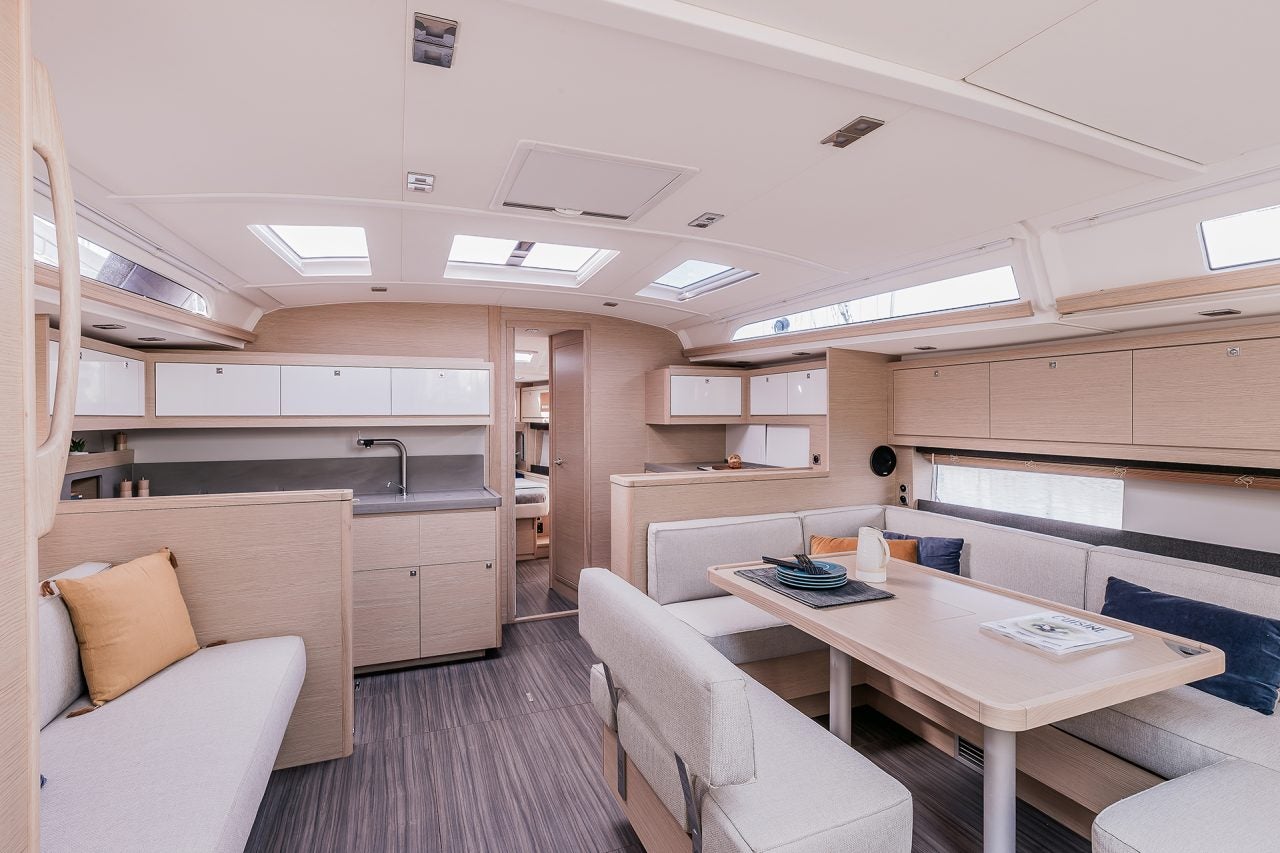 Dufour 470 sailing monohull dining and kitchen area