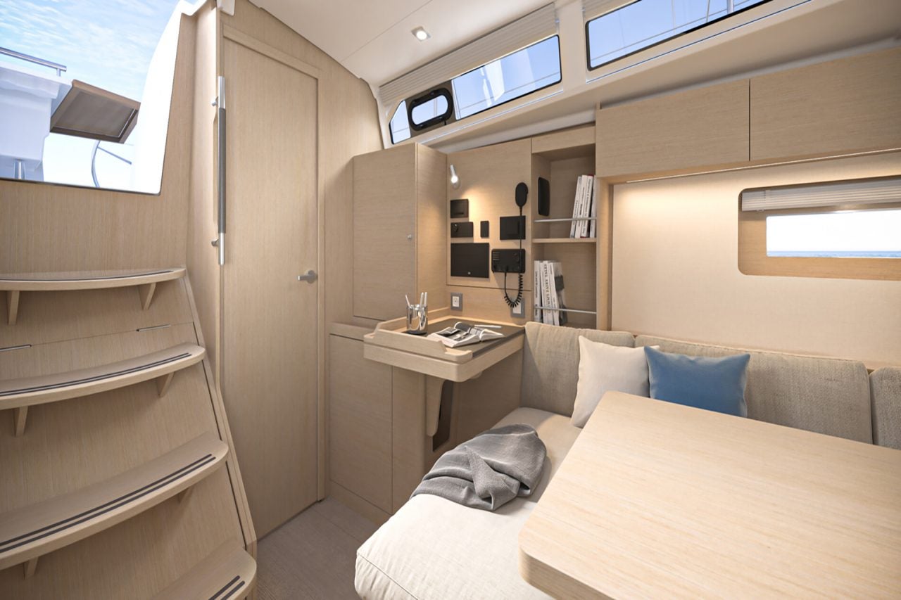 Salon with light wood finishes on Beneteau Oceanis 37.1 sailboat