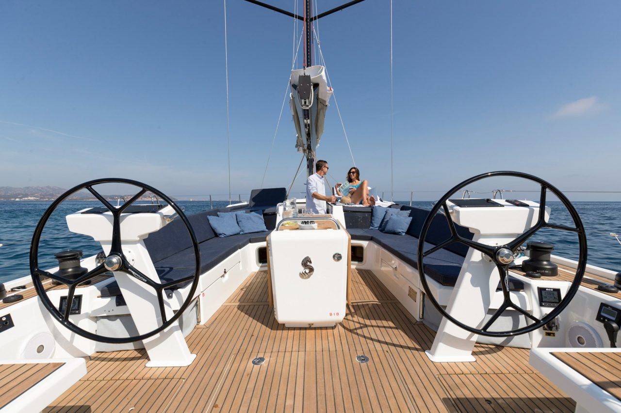 Dual helm station wheels on the Beneteau 46.1 monohull