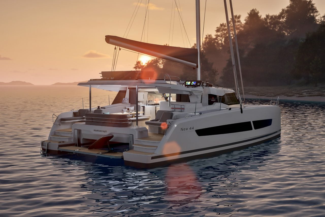 Fountaine Pajot 44 catamaran anchored at sunset