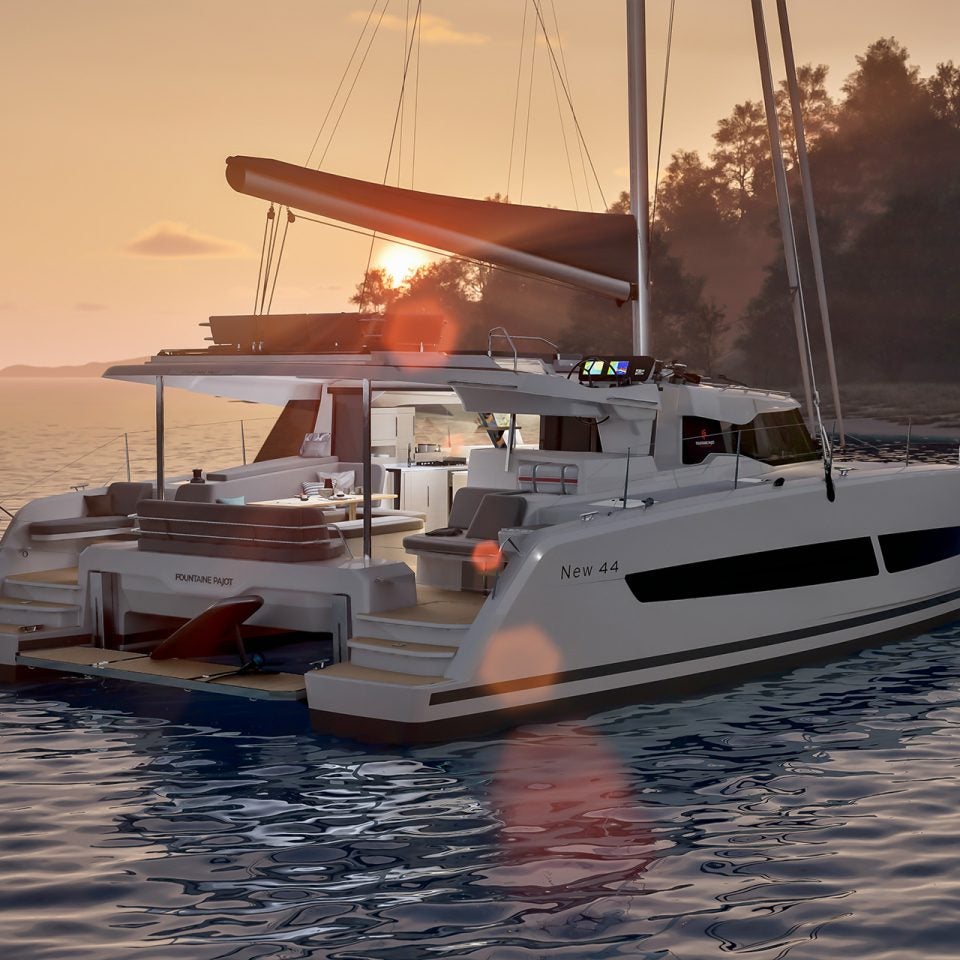 Fountaine Pajot 44 catamaran anchored at sunset